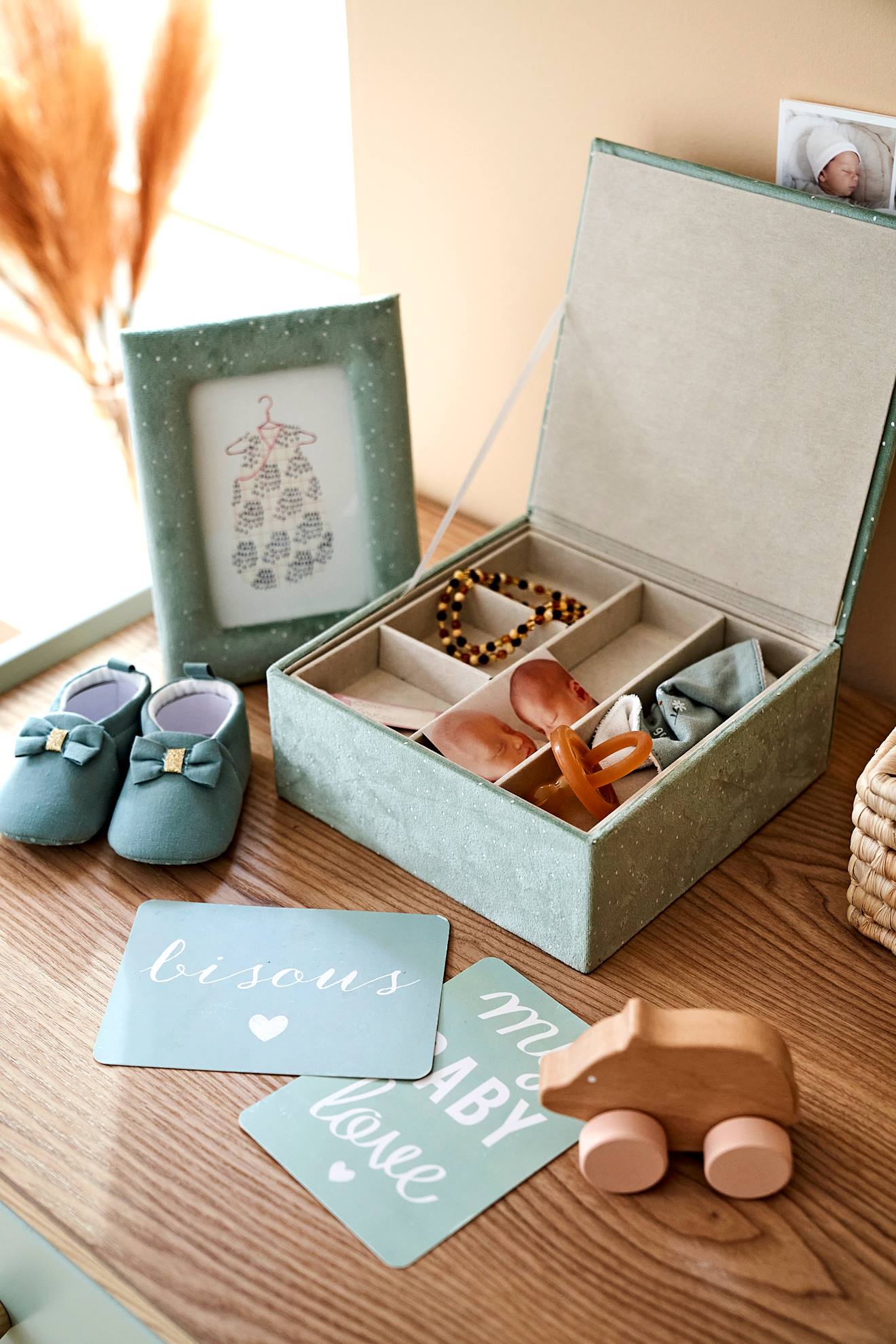Coffret cadeau cadre + boite à compartiments en velours vert