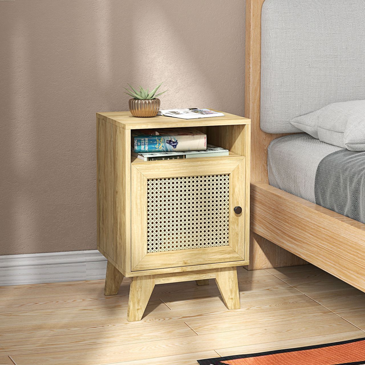 HOMCOM Nachtschrank Nachttisch mit Schrank Beistelltisch mit Ablagefach Natur