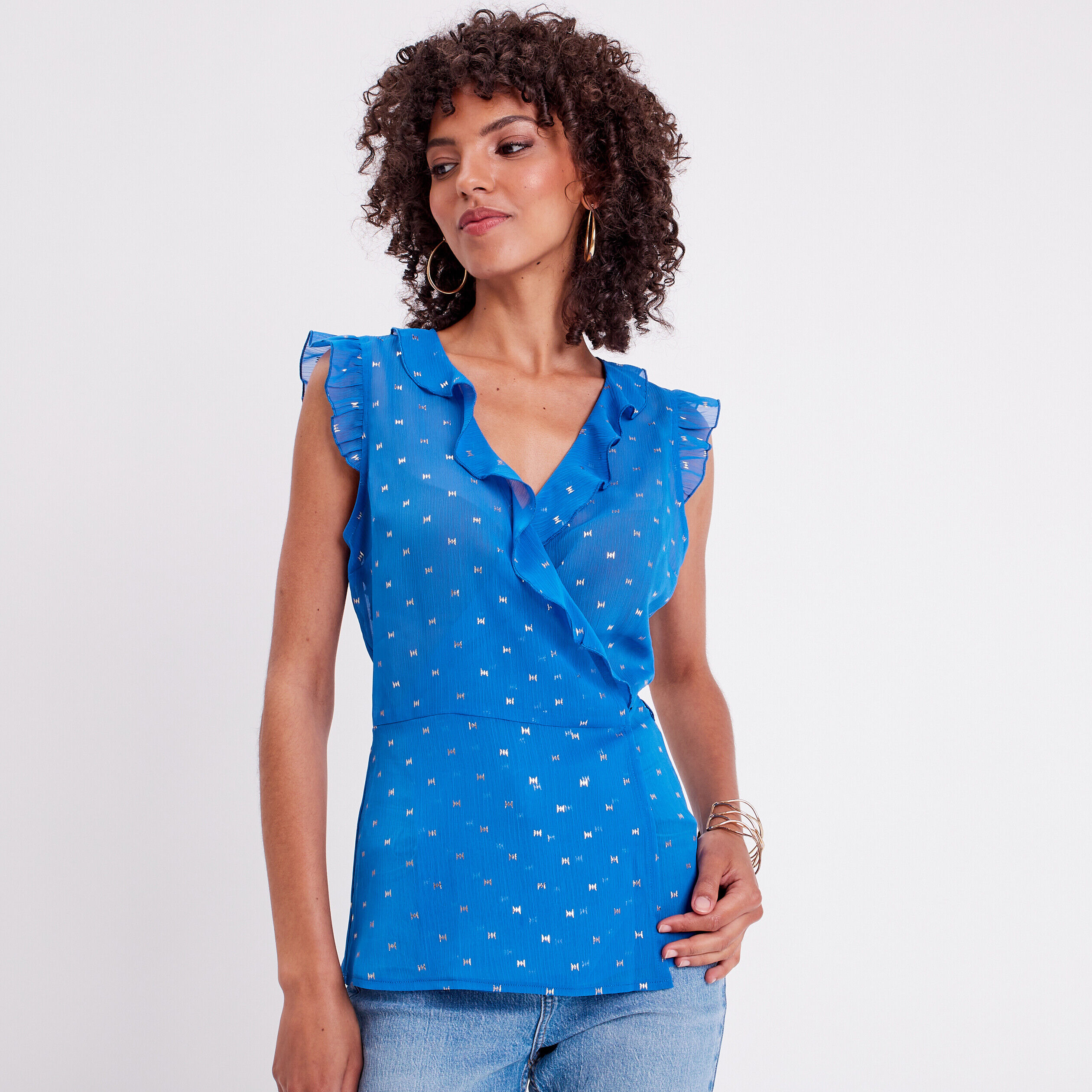 Blouse col cache-coeur bleu roi femme | Cache Cache