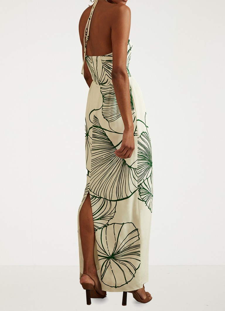 Reiss Lexi maxi halter haljina s printom listova i prorezom