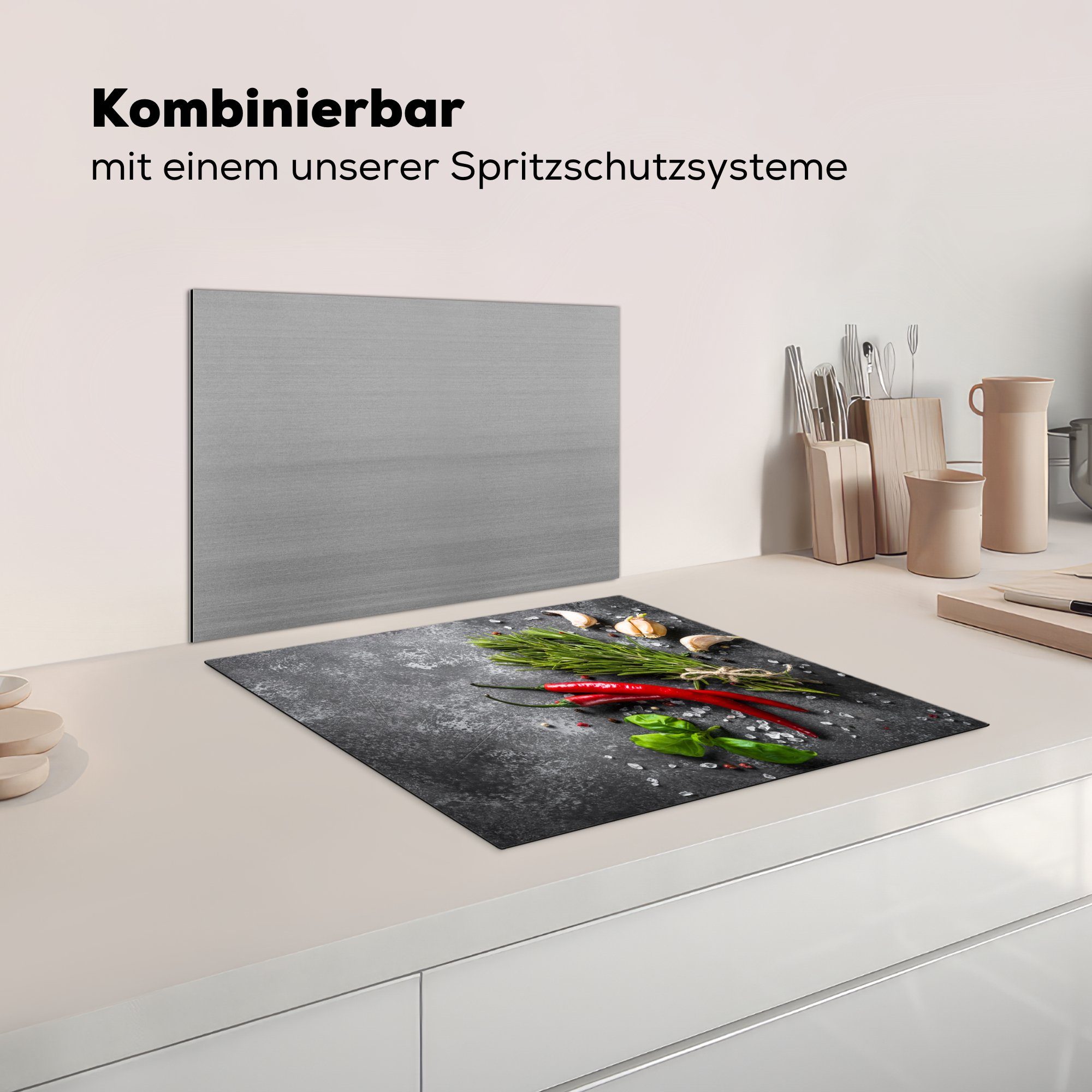 MuchoWow Herdblende-/Abdeckplatte Pfeffer - Kräuter - Gewürze - Beton, Vinyl, (1 tlg), 60x52 cm, Mobile Arbeitsfläche nutzbar, Ceranfeldabdeckung