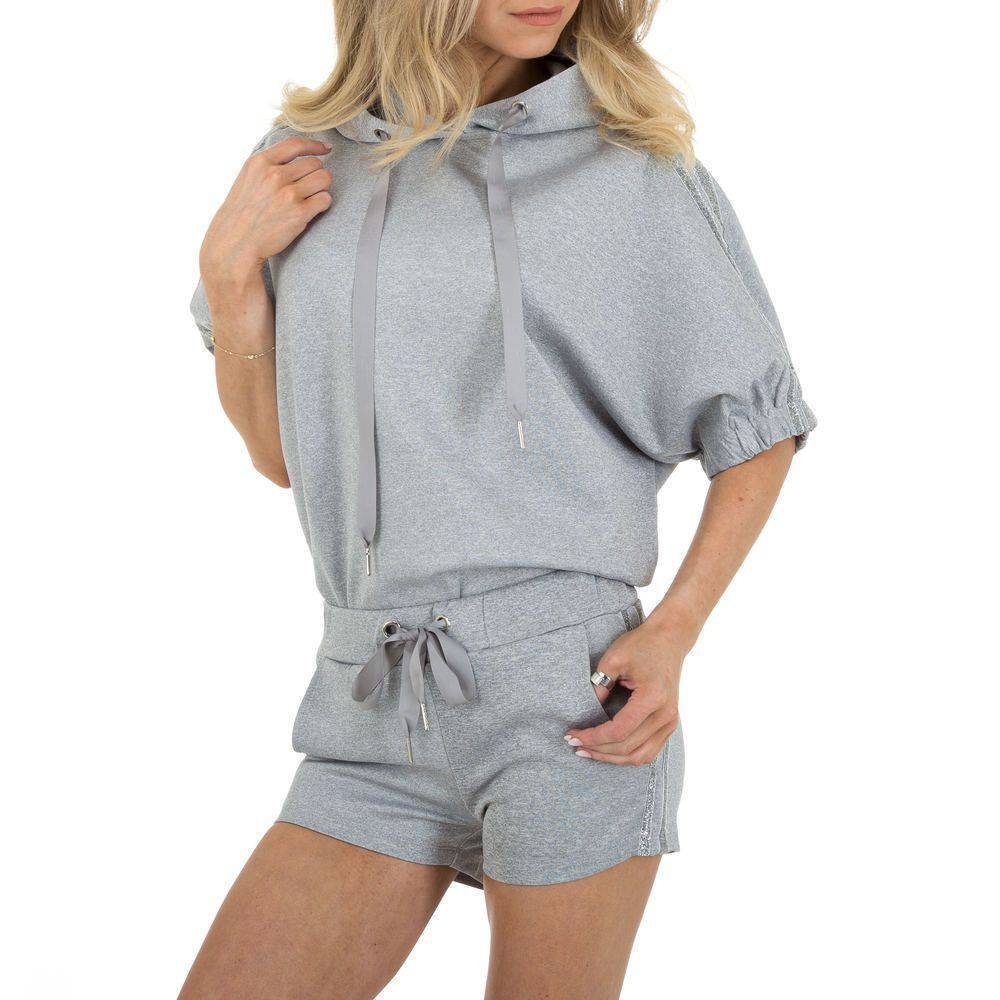 Ital-Design Freizeitanzug Damen Freizeit Hotpants, Kapuze Stretch Jogging- & Freizeitanzug in Grau