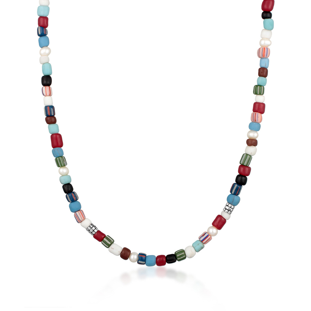 KUZZOI KUZZOI Collier Hommes Perles de verre multicolore tendance avec perles d'eau douc collier