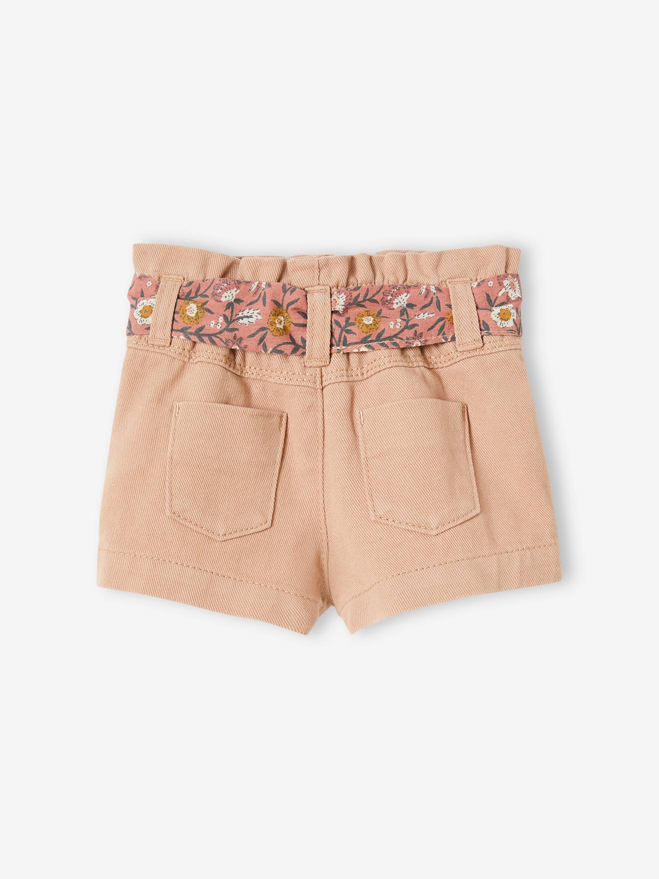 Short bébé taille élastiquée avec ceinture en tissu beige