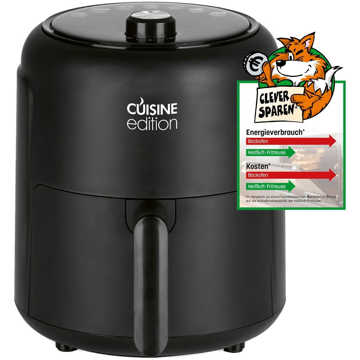 Cuisine Edition Heißluftfritteuse 12614, 1000 W, 2,3 Liter Fassungsvermögen, Drehregler, 200°C, Timer (1-60 Minuten)