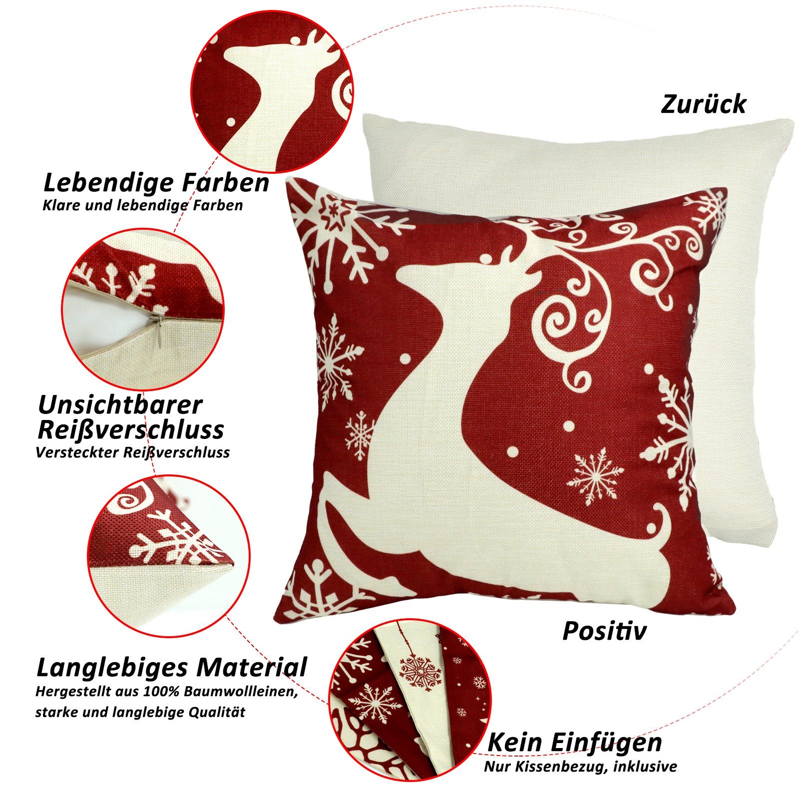 Kissenbezüge Leinenlook für Zierkissen, Sofakissen, Weihnachts-Kissenbezüge, CALIYO, 4 Stück Kissenbezug zu Weihnachten
