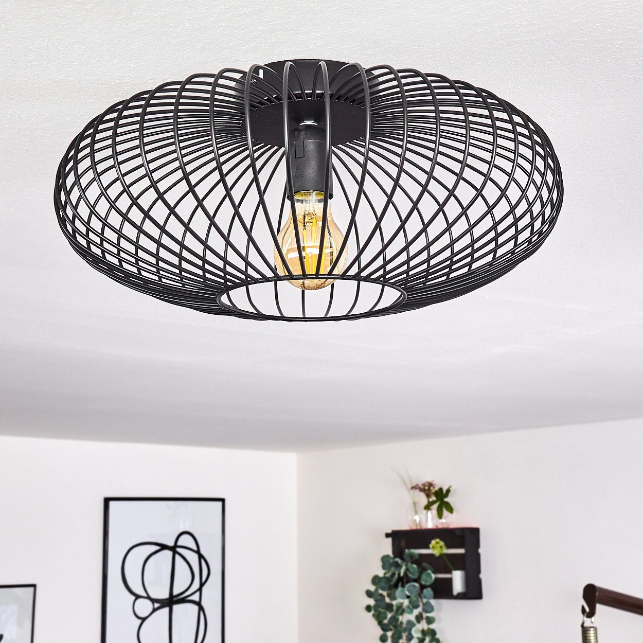 hofstein Deckenleuchte Pieris Deckenlampe aus Metall in Schwarz, ohne Leuchtmittel, E27, Leuchte m. Gitter u. Lichteffekt an der Decke