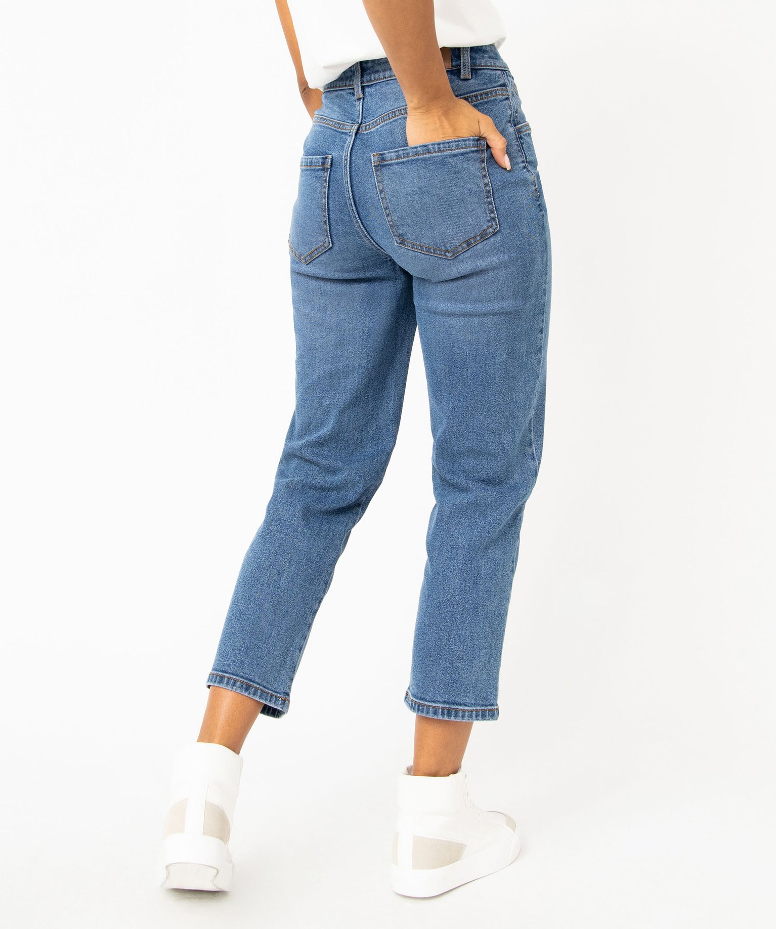 Jean cropped coupe straight taille haute stretch femme stone | GEMO