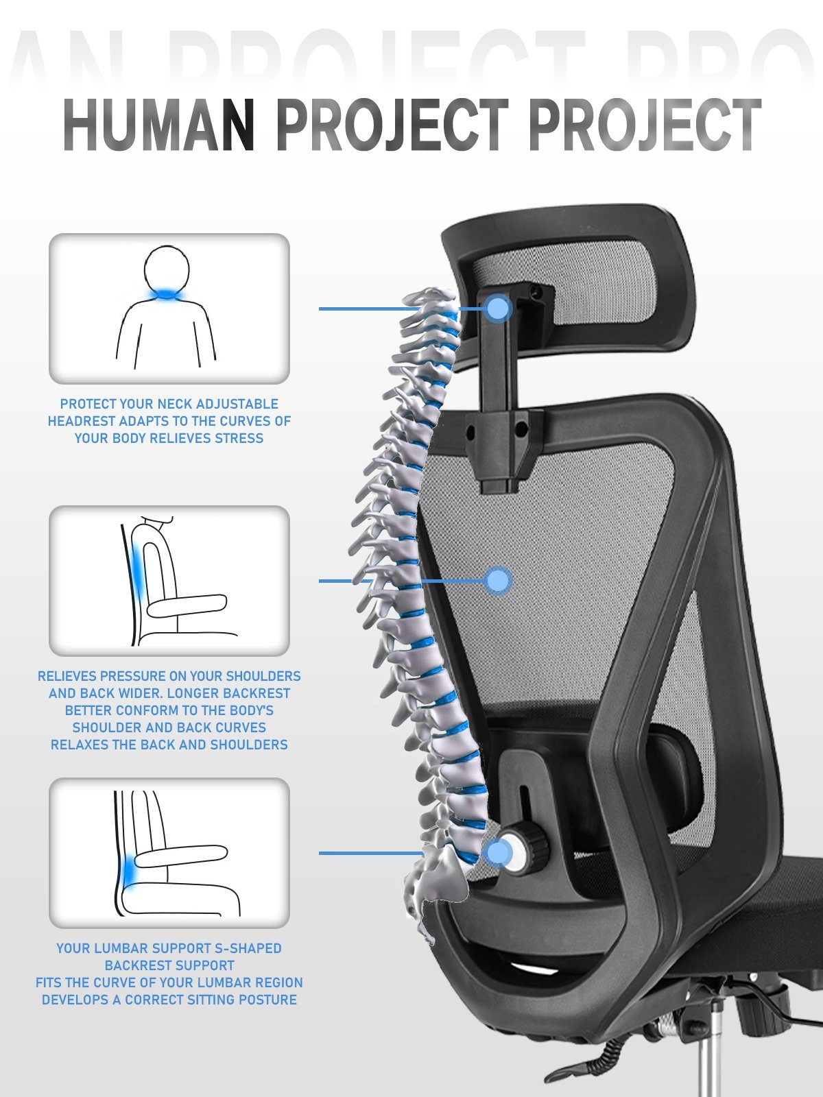 Durrafy Chefsessel Bürostuhl,Ergonomische Bürostühle,Schreibtischstuhl,Computerstuhl, Drehstuhl, Wippfunktion von 90° bis 130°, 150kg belastbar, leise Rolle