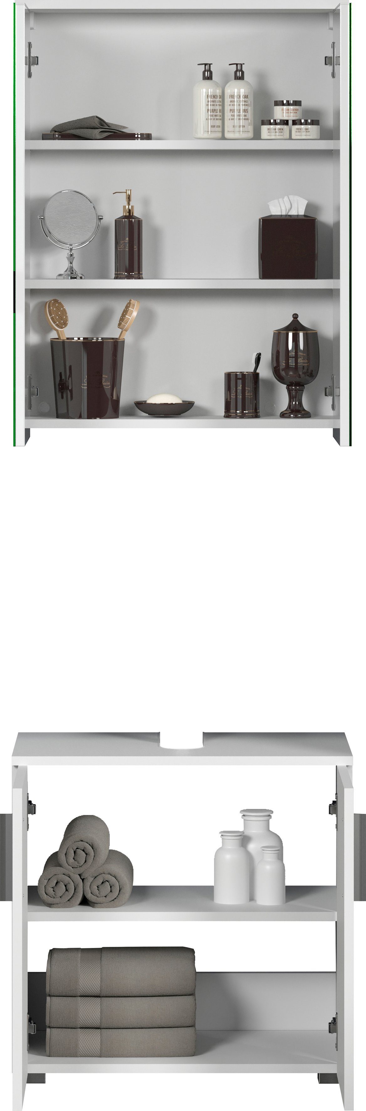 welltime Badezimmer-Set Prag, (Set, 2-St), Waschbeckenunterschrank & Spiegelschrank