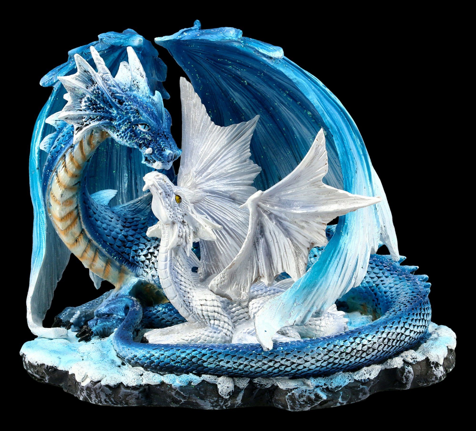 Figuren Shop GmbH Fantasy-Figur Drachen Figur - Mutter mit Jungem weiß-blau - Fantasy Deko