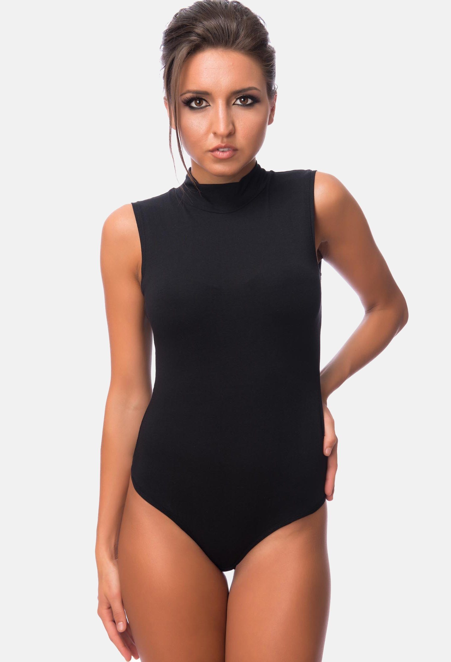 Evoni Body Damen Bodysuit ärmellos Baumwolle Halbkragen