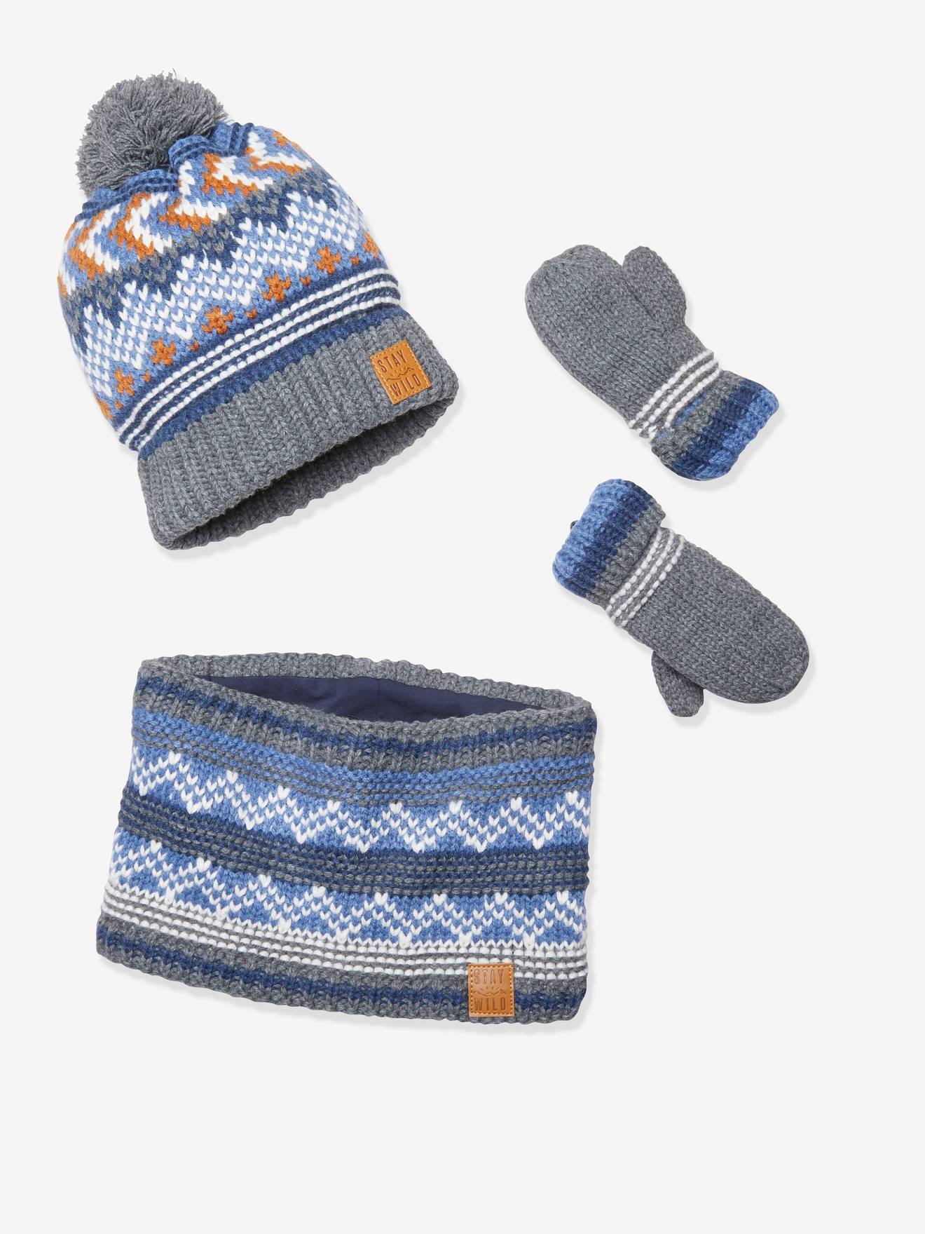Ensemble garçon bonnet + snood + gants bleu chiné
