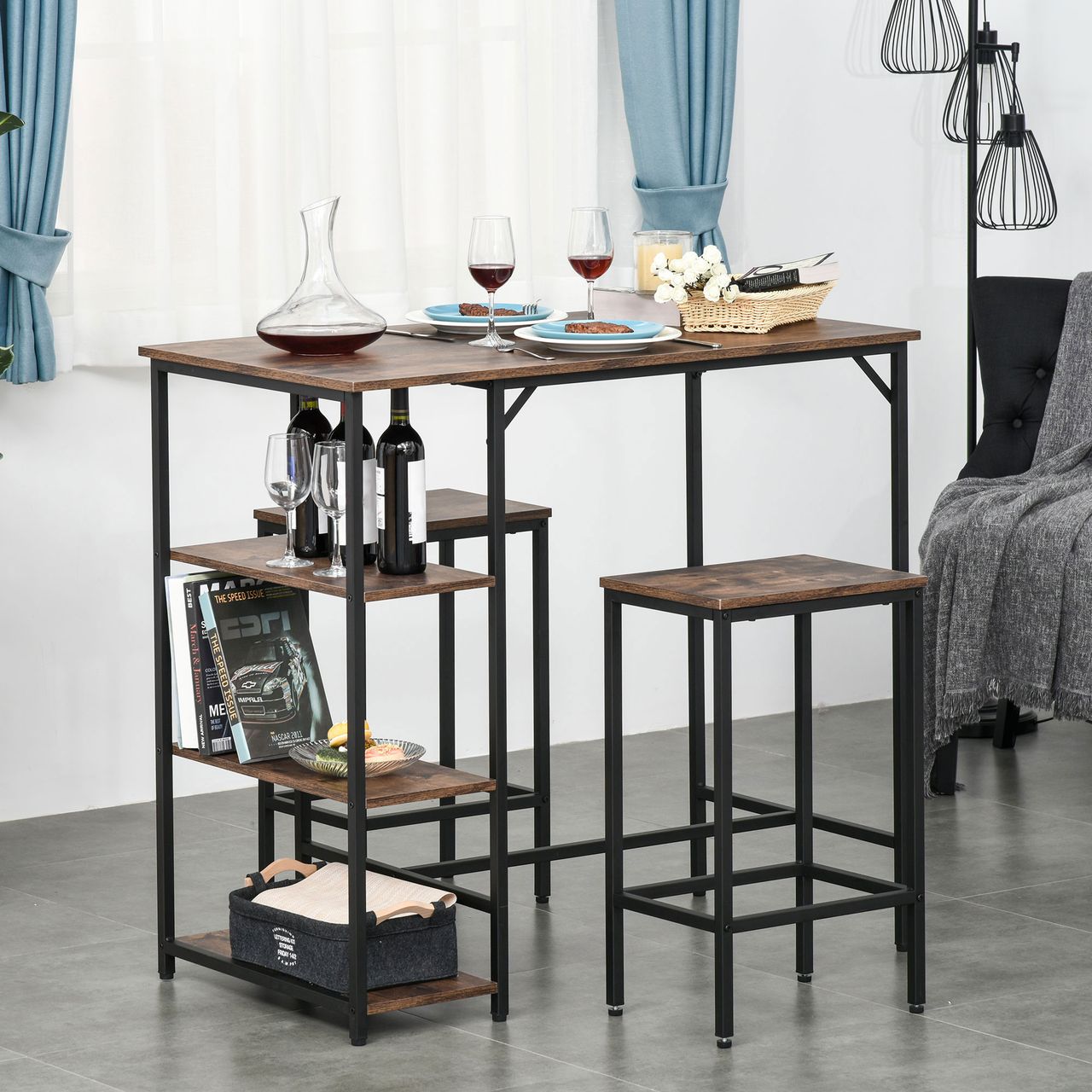 HOMCOM Bartisch-Set Stehtisch mit 2 Barhockern 3-teiliges Tischset Küchentresen mit Regale Spanplatte Stahl Rustikales Braun Schwarz 109 x 60 x 100 cm
