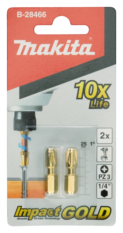 Makita Accessories B-28466 XTT Biți de șurubelniță cu impact, formă C, Pozidriv 3, 25 mm, 2 bucăți