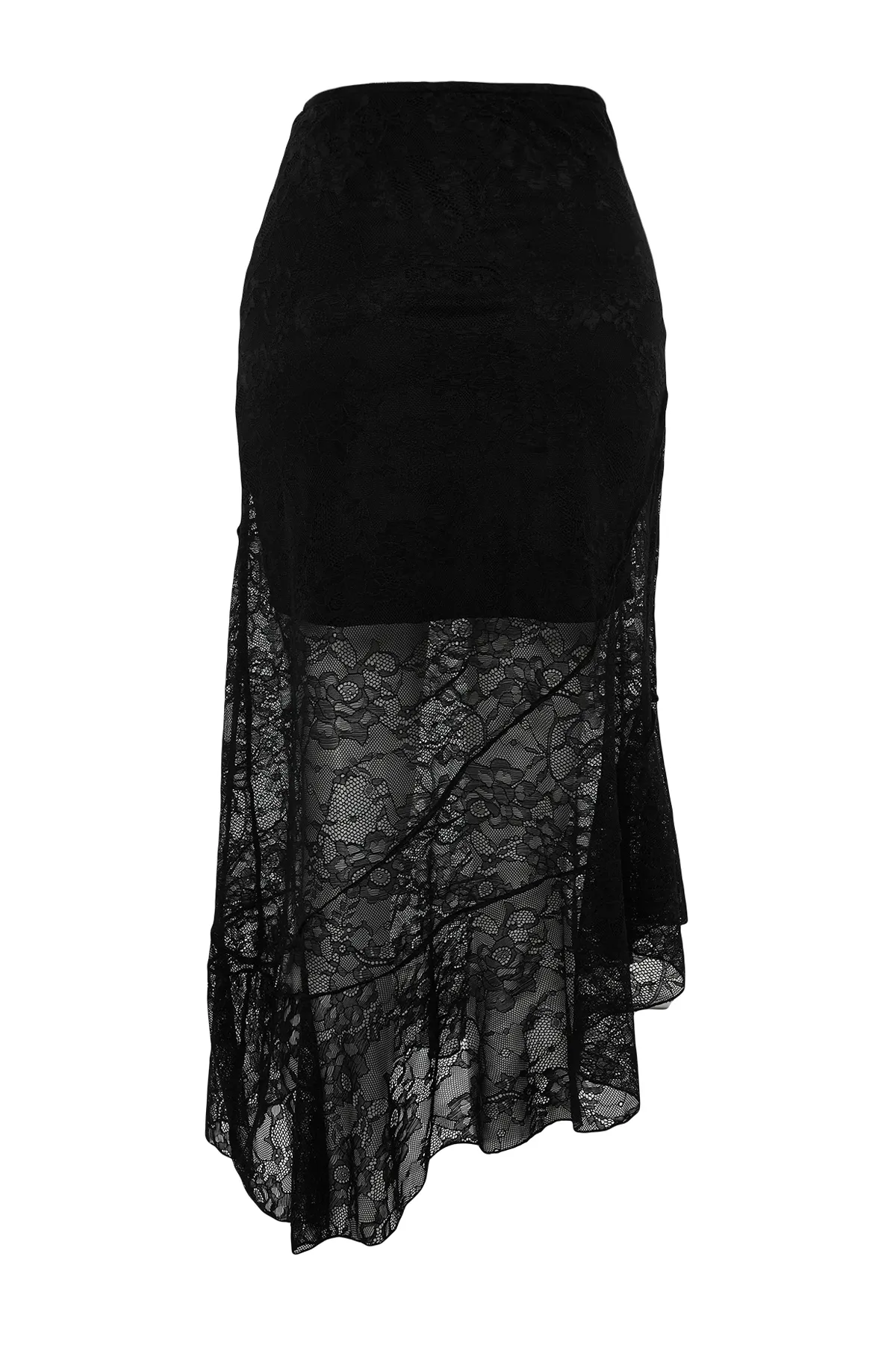 Trendyol Collection  Schwarzer asymmetrischer Midirock aus gefütterter Spitze mit Strickmuster TWOAW24ET00331