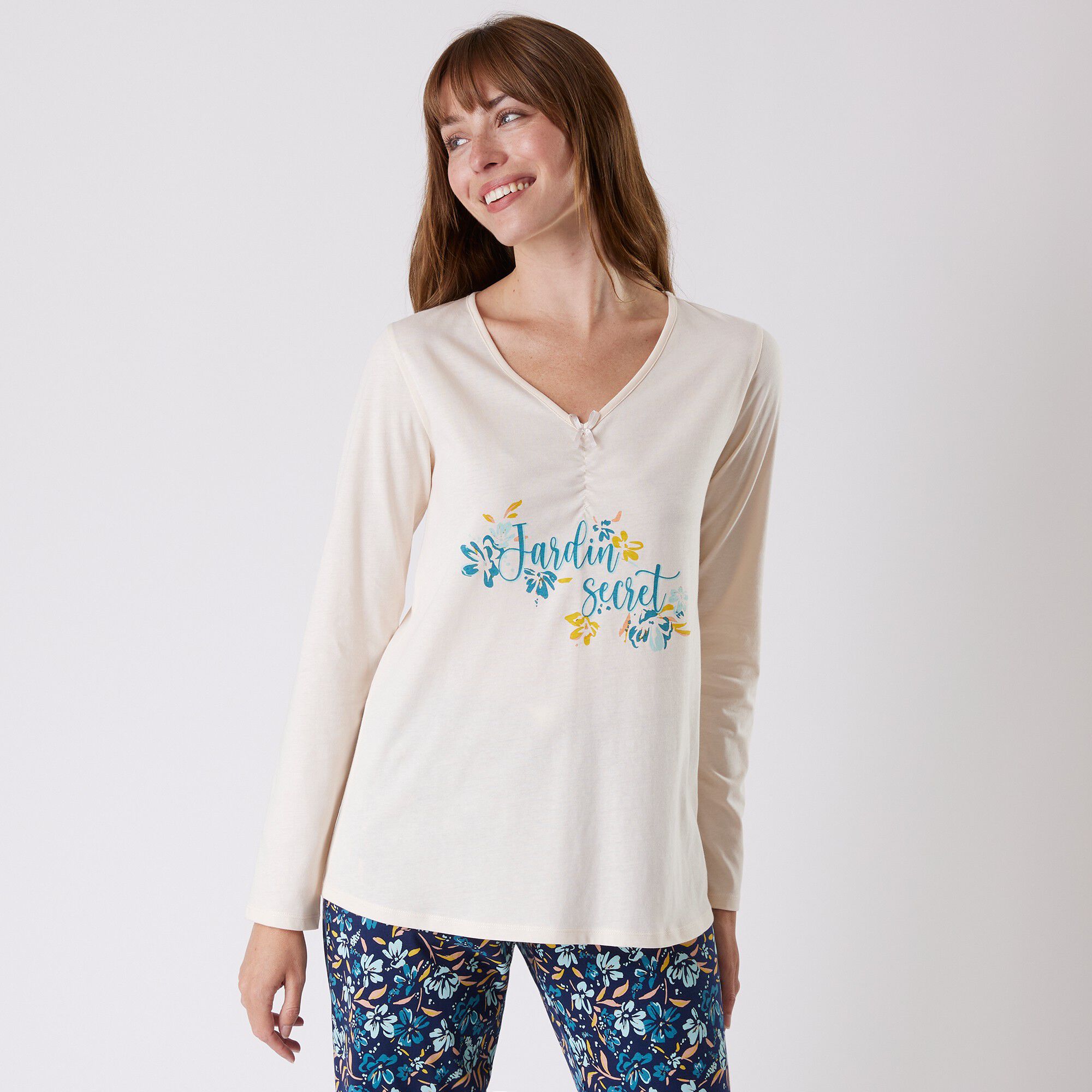 Tee-shirt pyjama manches longues imprimé placé 