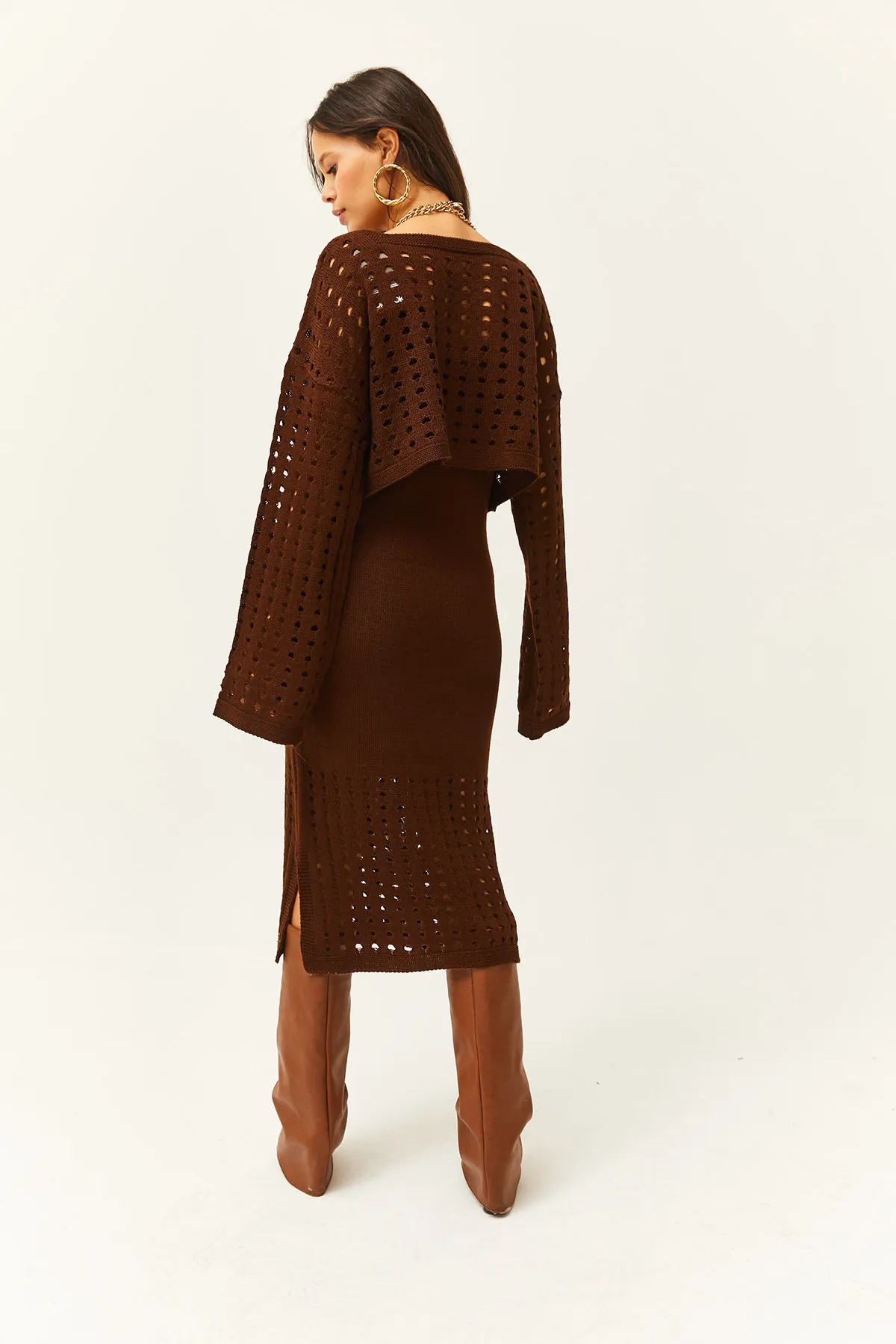 Olalook  Damenoberteil, durchbrochener Pullover, unten, durchbrochenes Kleid, Strickanzug, Bitterbraun, TKM-19000246