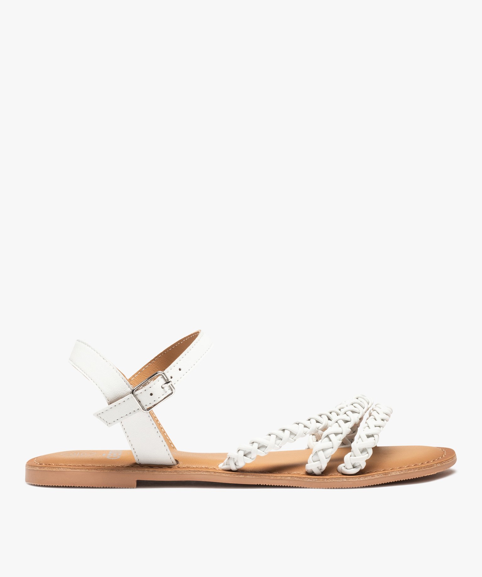 Sandales femme à talon plat et brides tressées en cuir blanc | GEMO