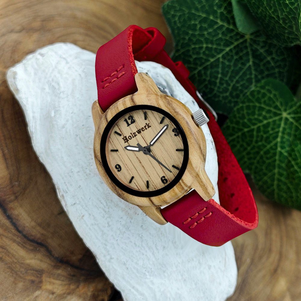Holzwerk Quarzuhr CLARA RED kleine Kinder Holz & Leder Armband Uhr, dunkel rot, beige