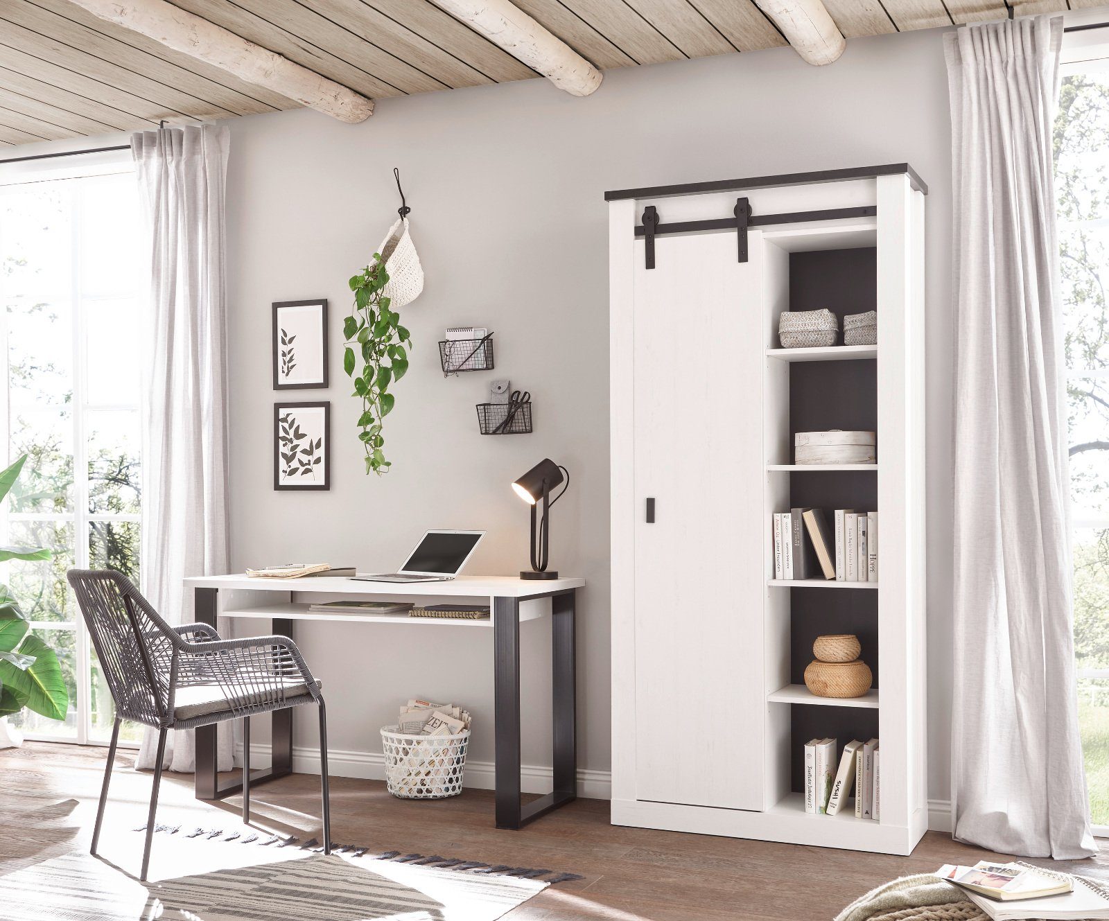 Furn.Design Mehrzweckschrank Stove (Flur- und Schuhschrank in Pinie weiß Landhaus, 93 x 201 cm) mit Schiebetür