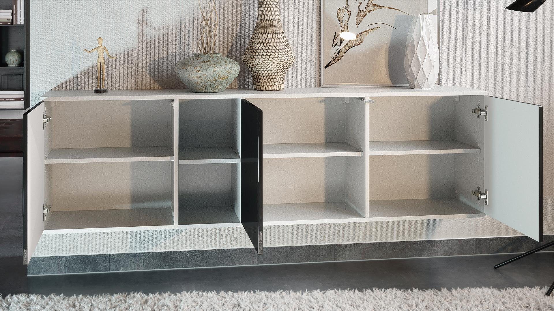 Vladon Sideboard Cuba (Kommode, mit 3 Türen und 2 offene Fächer), Weiß matt/Sandgrau Hochglanz (182 x 53 x 35 cm)