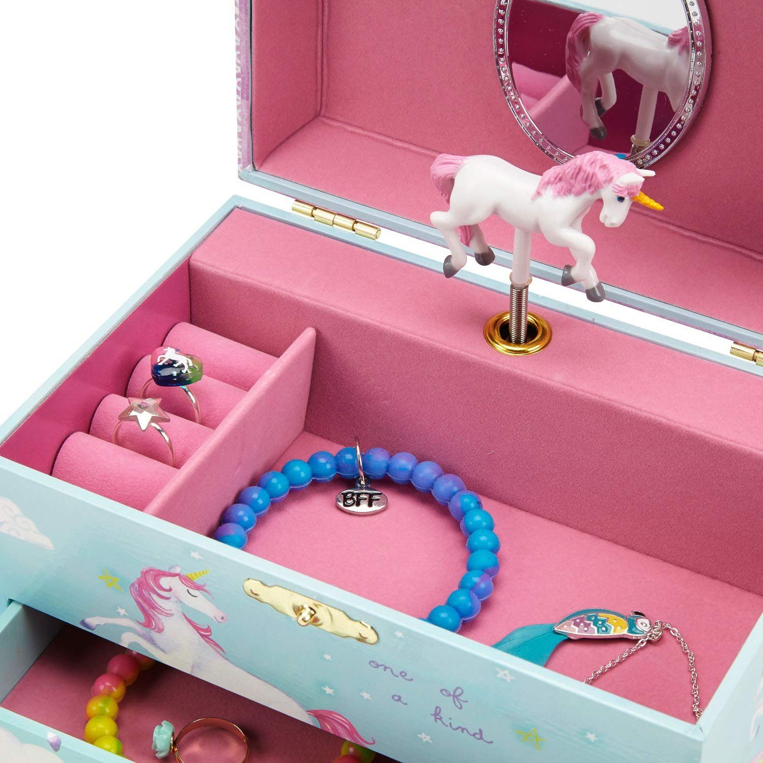 Jewelkeeper Schmuckkasten Musikalische Schmuckbox für Mädchen mit Schublade, Grün Pferdholz Metall