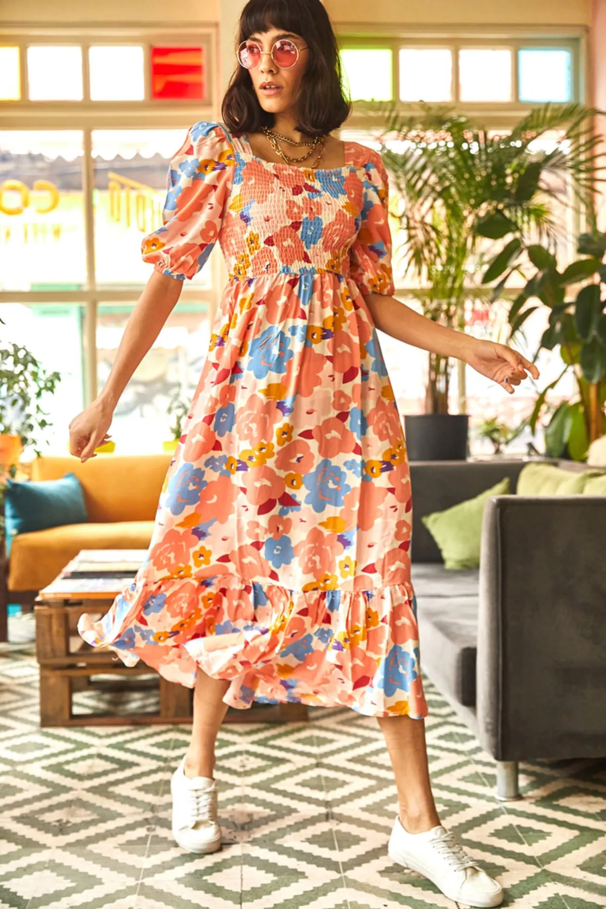Olalook  Ecru Lachs Gimped Lässiges Kleid aus gewebter Viskose für Damen ELB-19001483