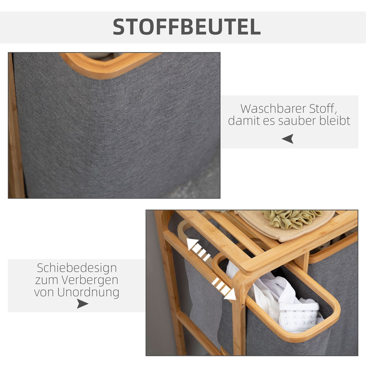 HOMCOM Wäschekorb Wäschebox mit Plattform Wäschesammler mit 3 abnehmbaren Wäschesacke Wäschesortierer für Schlafzimmer Badezimmer Bambus Grau Natur 50 x 32 x 69,7 cm