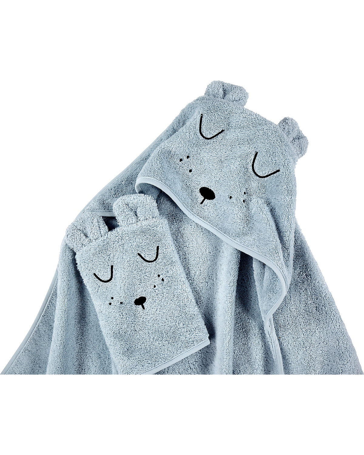 Kapuzen-Badetuch & Waschhandschuh Frottier mit Stickerei Faces hellbla