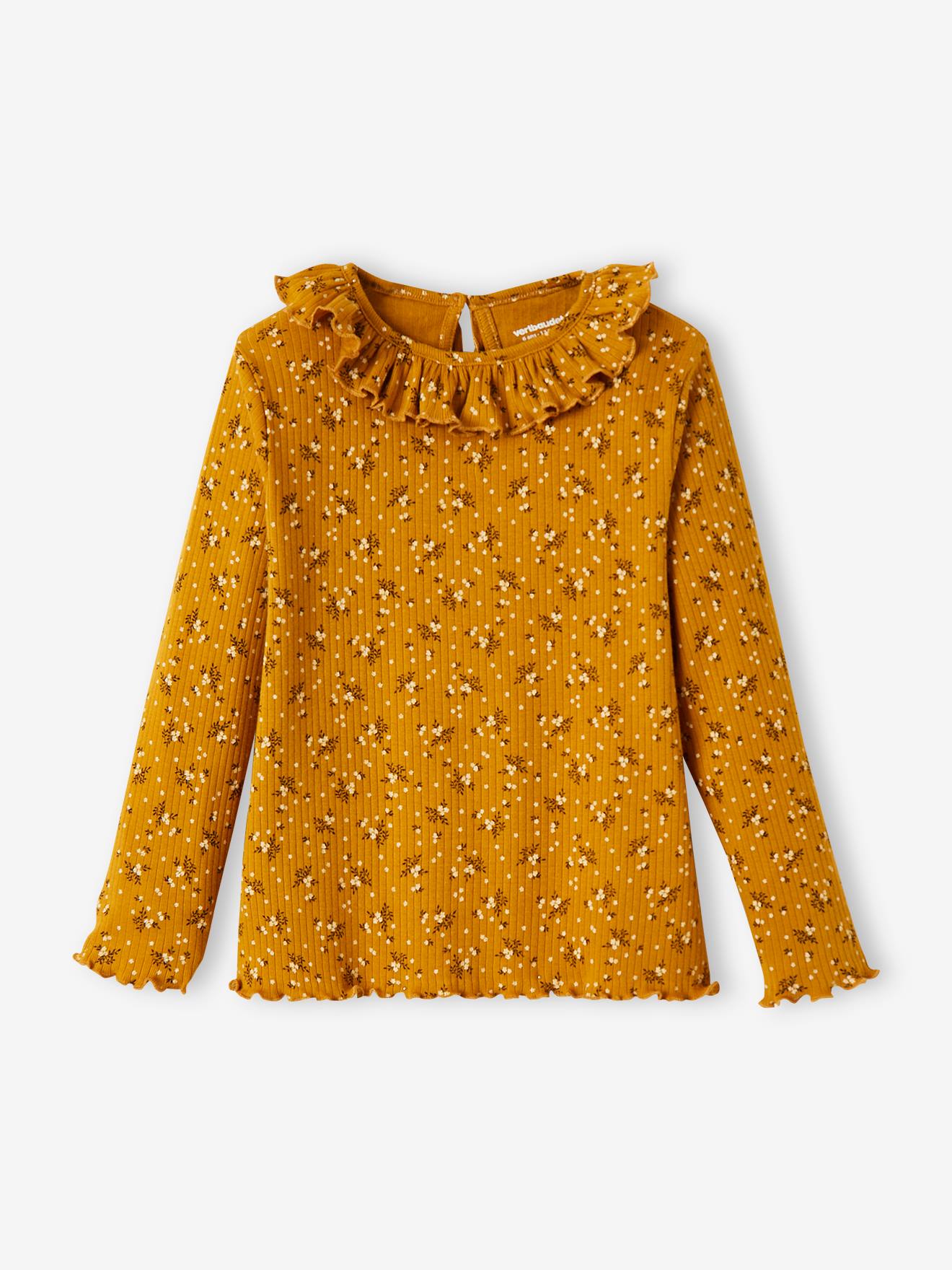 Vertbaudet Mädchen Shirt aus Rippenjersey, Blumen Oeko-Tex - senfgelb