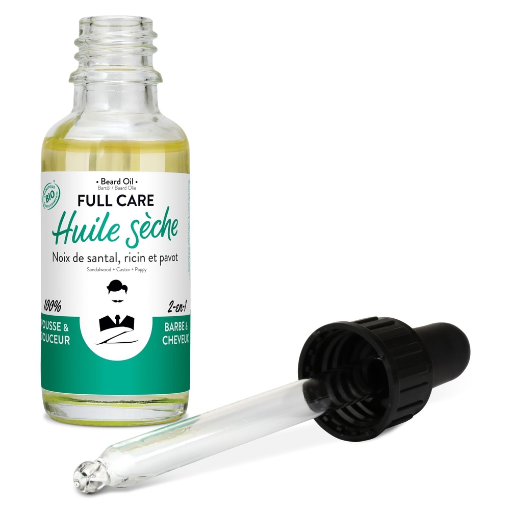 Monsieur Barbier Huile Barbe Bio, 100% Naturelle & Vegan- Full Care Huile Sèche Bio de Soin 2-en-1 Barbe & Cheveux pour Hommes / Parfum Santal Blond