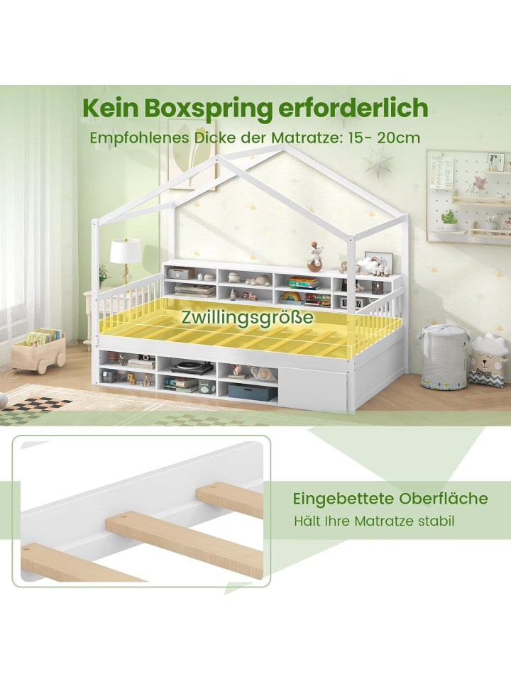 COSTWAY Kinderbett 90x200cm mit Dach & 14 Fächern in Weiß günstig kaufen onesize