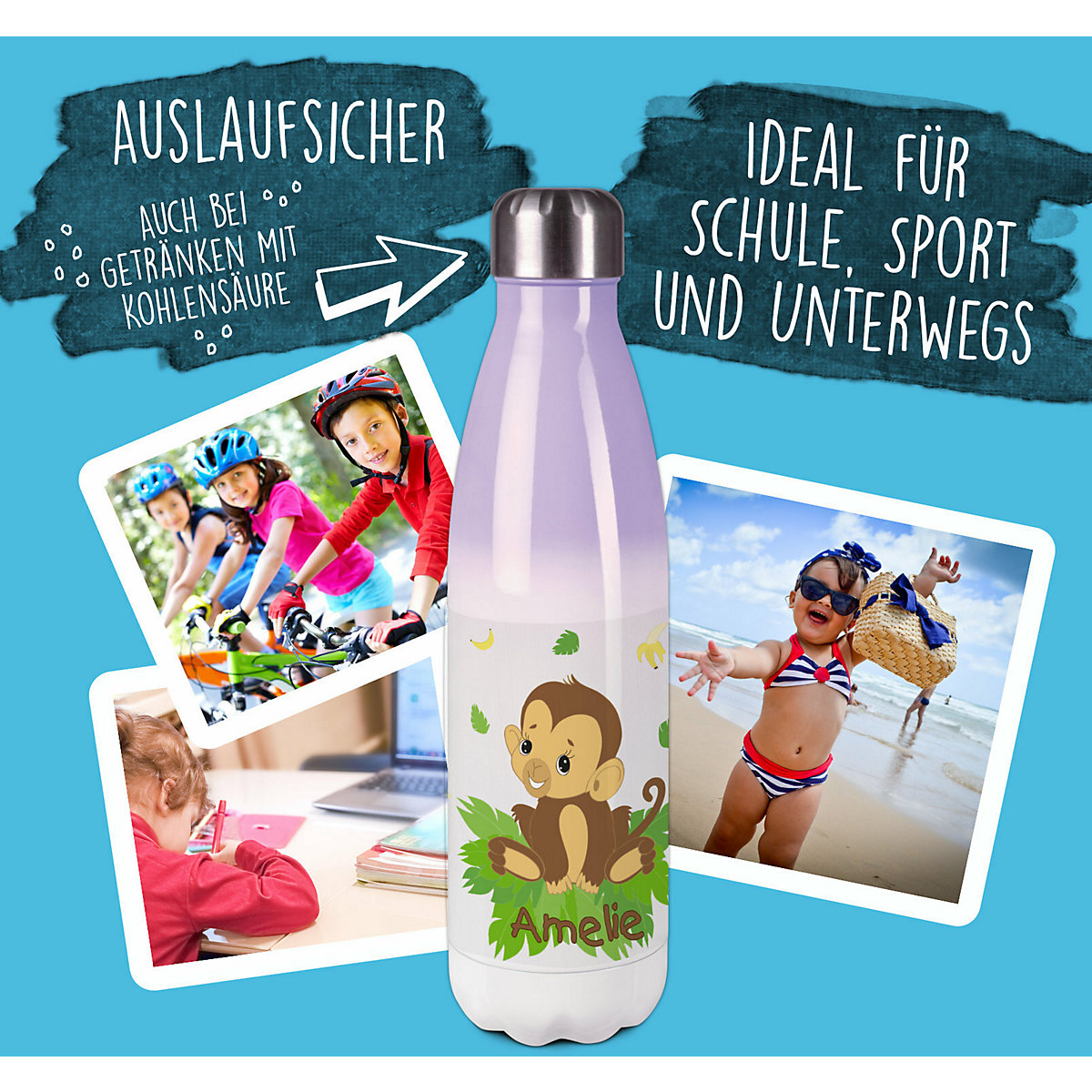 Edelstahl Kinder Thermoflasche / Trinkflasche bunt Affenbaby Spülmaschinenfest, Auslaufsicher, Bruchfest, Doppelwandig, Für Heißgetränke geeignet, Mit Deckel, Isoliert