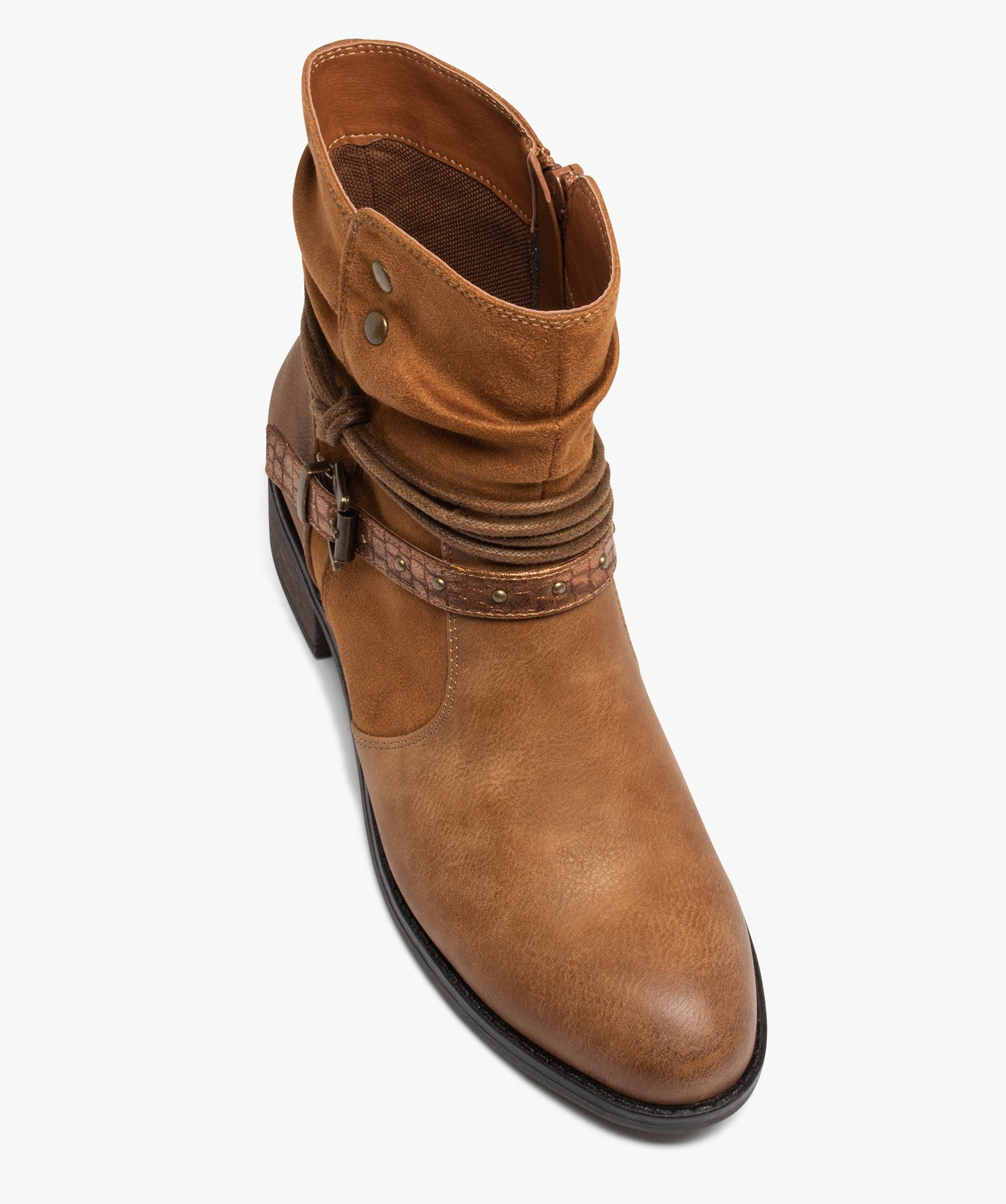 Boots femme dessus uni en suédine avec brides fantaisie camel | GEMO