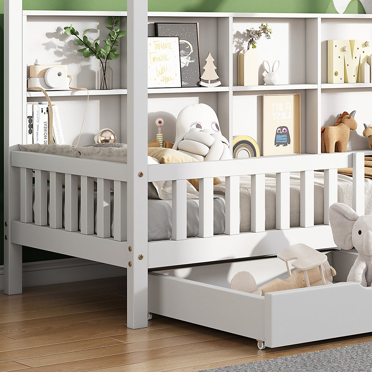 Hausbett 90x200 cm mit Ablageregal und Schubladen, Kinderbett mit Rausfallschutz