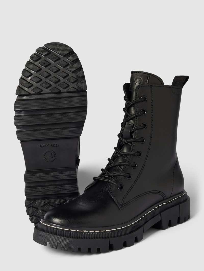 Schnürboots aus Leder mit Label-Prägung in schwarz