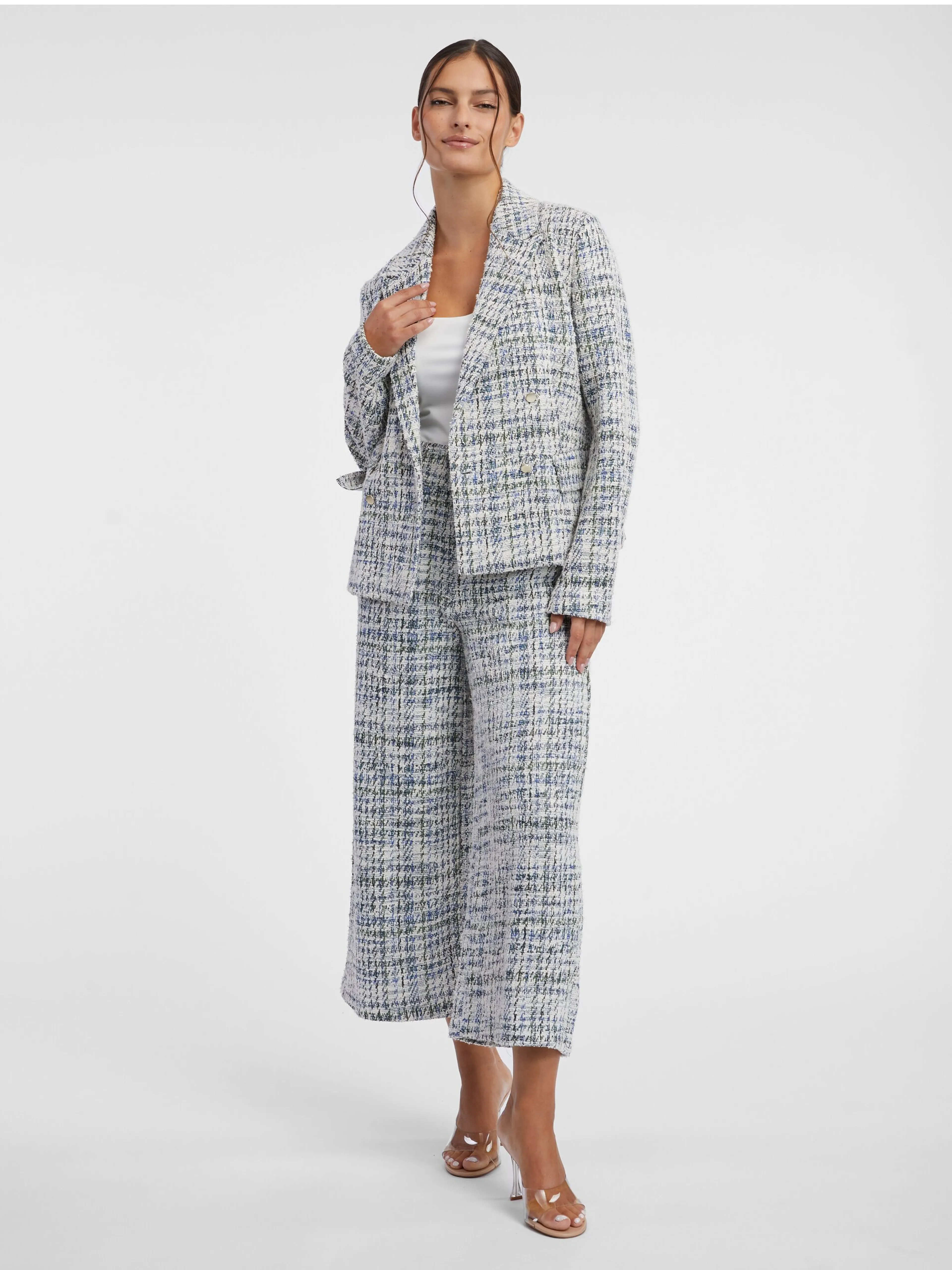 Blaue und cremefarbene zweireihige Tweed-Jacke Damen ORSAY
