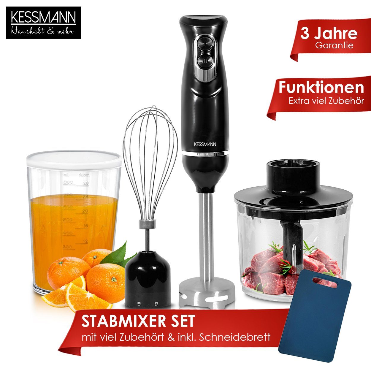KESSMANN Schäfer Stabmixer Set mit Pürierbecher Zerkleinerer & Schneebeesen 5Tlg Edelstahl Mixer, 600,00 W, Elektrischer Smoothie Maker Handmixer Rührstab Milchshake Blender