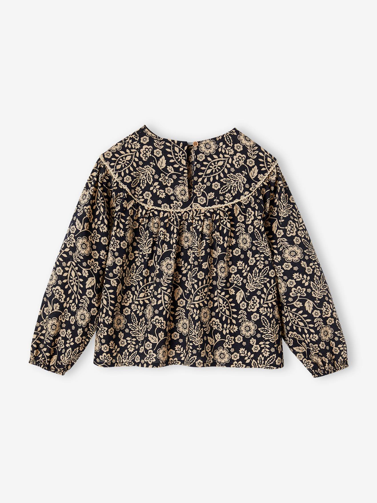 Vertbaudet Mädchen Bluse - schwarz/beige geblümt