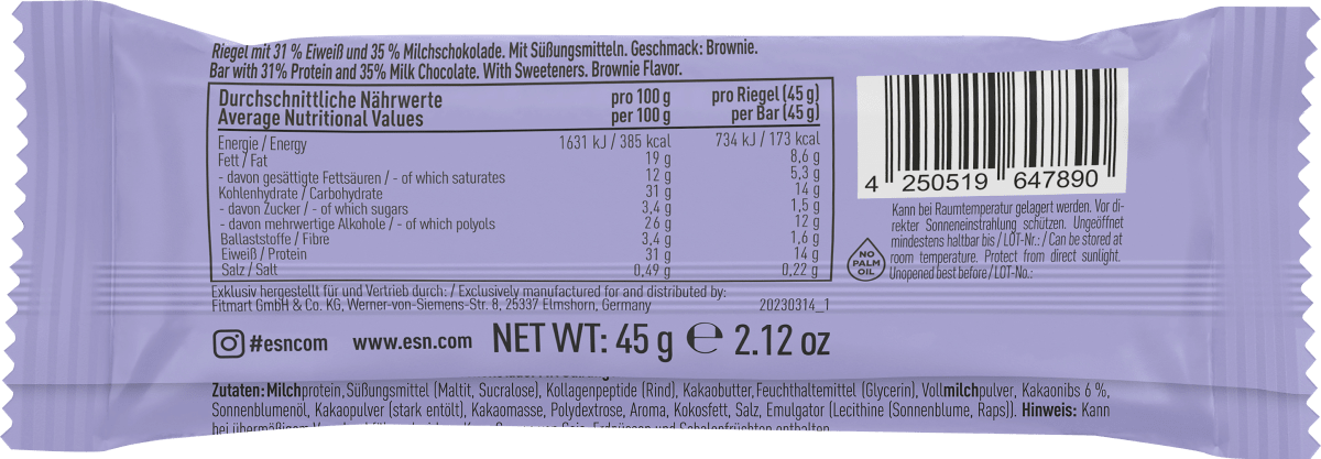 Proteinriegel Designer Bar, Fudge Brownie Geschmack, 45 g