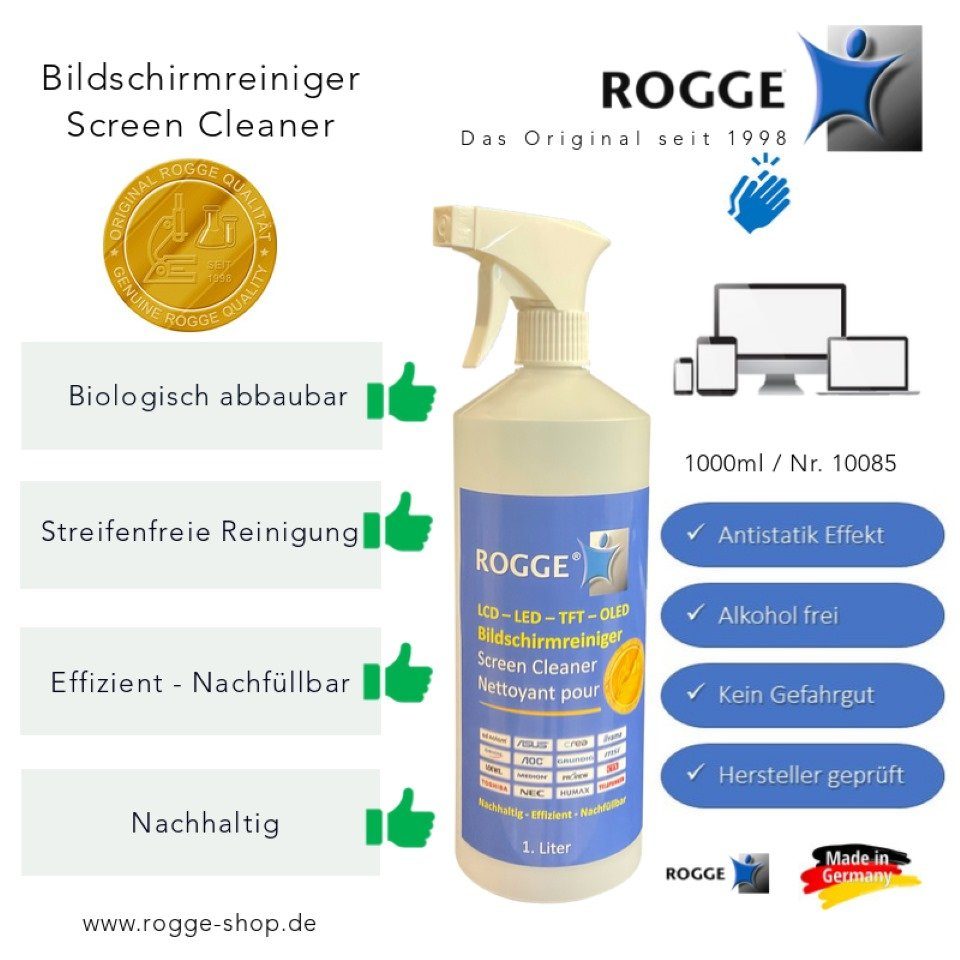 Rogge ROGGE Bildschirmreiniger 1. Liter inkl. Microfasertuch Sprühreiniger (2-St)