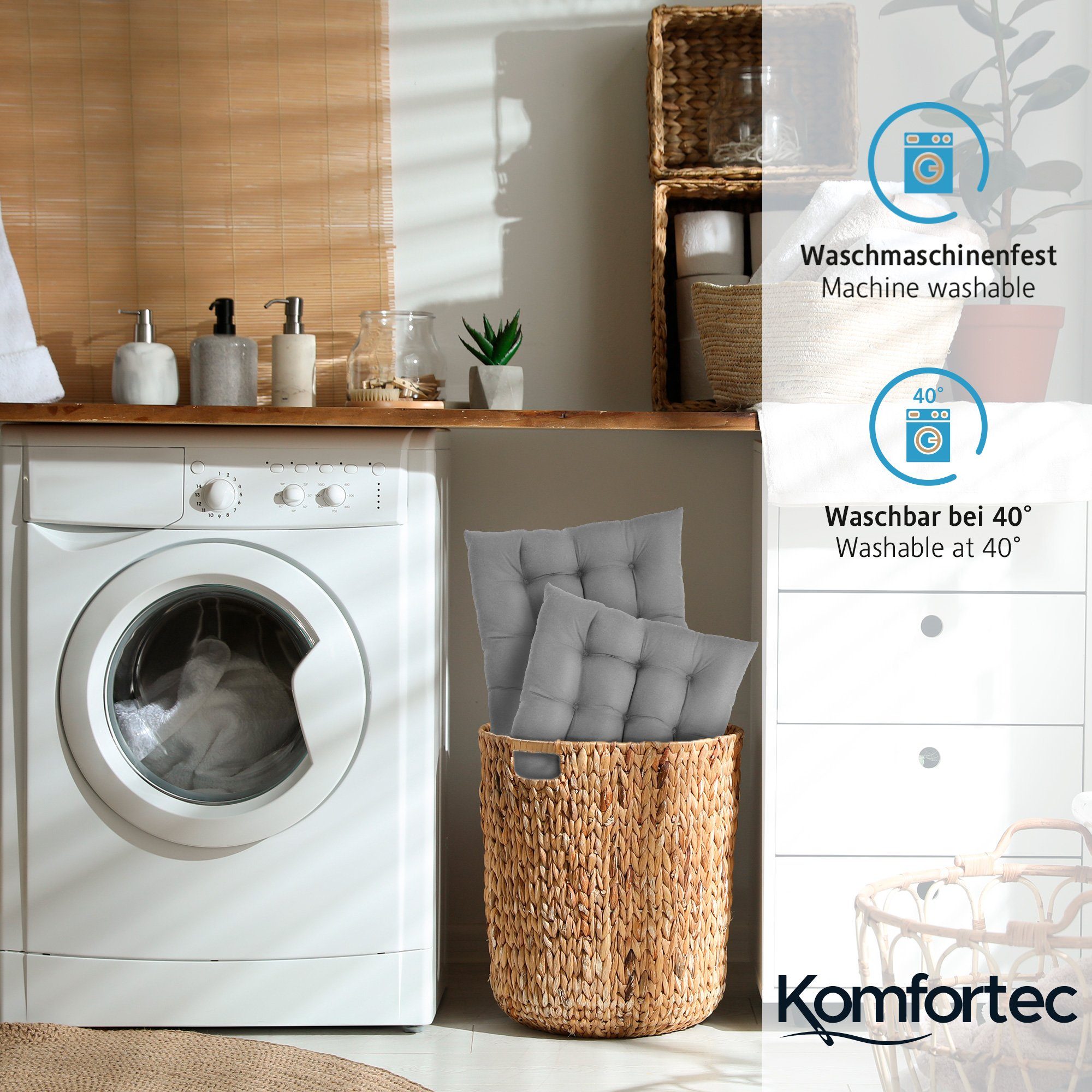 Komfortec Stuhlkissen 40x40 cm Stuhlkissen mit Bändern, Wasserabweisend Dekokissen, 100% Mikrofaser Sitzkissen 110 g/m²