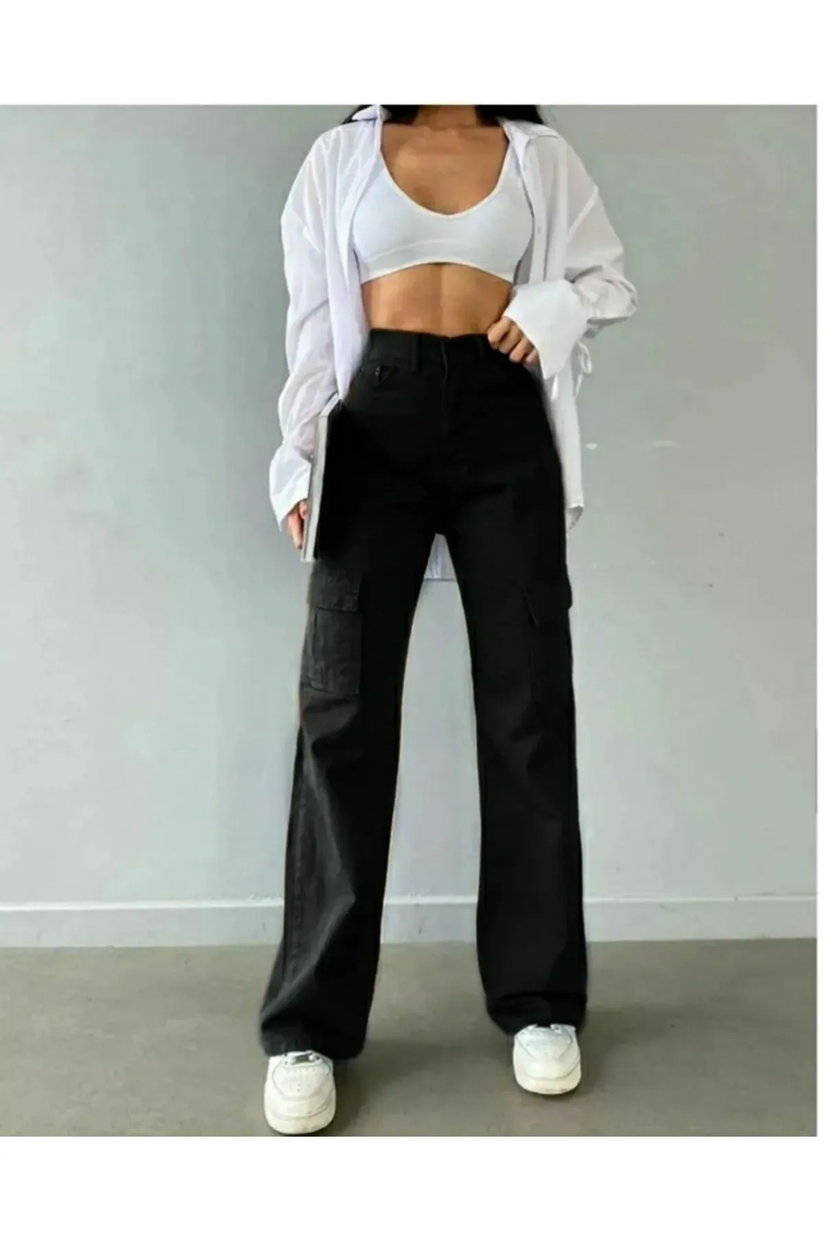 Trn JNS  Dora Damen-Palazzo-Jeans mit extra hoher Taille und Cargotasche in Schwarz ohne Gesäßtasche
