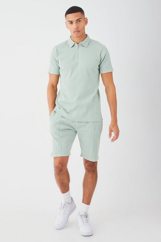 Slim-Fit Poloshirt & Shorts in Waffeloptik