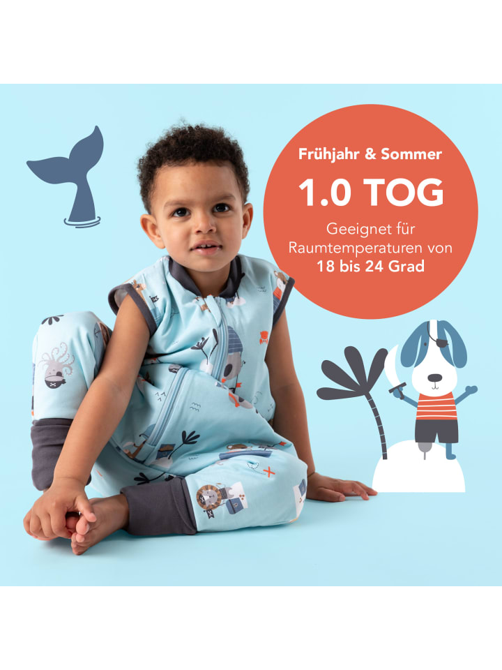 Schlummersack Schlafsack mit Füßen und umklappbaren Bündchen 1.0 TOG in Hellblau-Rot günstig kaufen