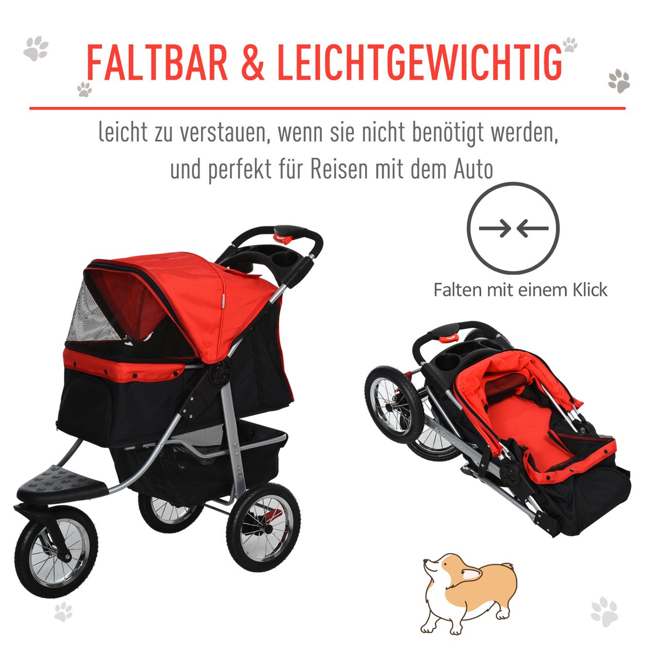 PawHut Hundewagen Hundebuggy Katzen Pet Stroller mit 3 Rädern klappbar Rot