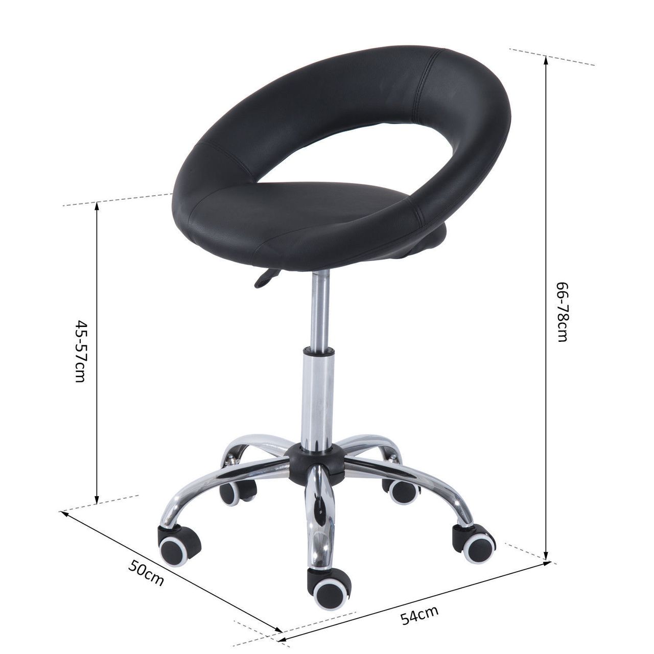 HOMCOM Rollhocker Arbeitshocker Drehhocker Bürostuhl höhenverstellbar, PU Metall, Schwarz, 50 x 54 x (66-78) cm