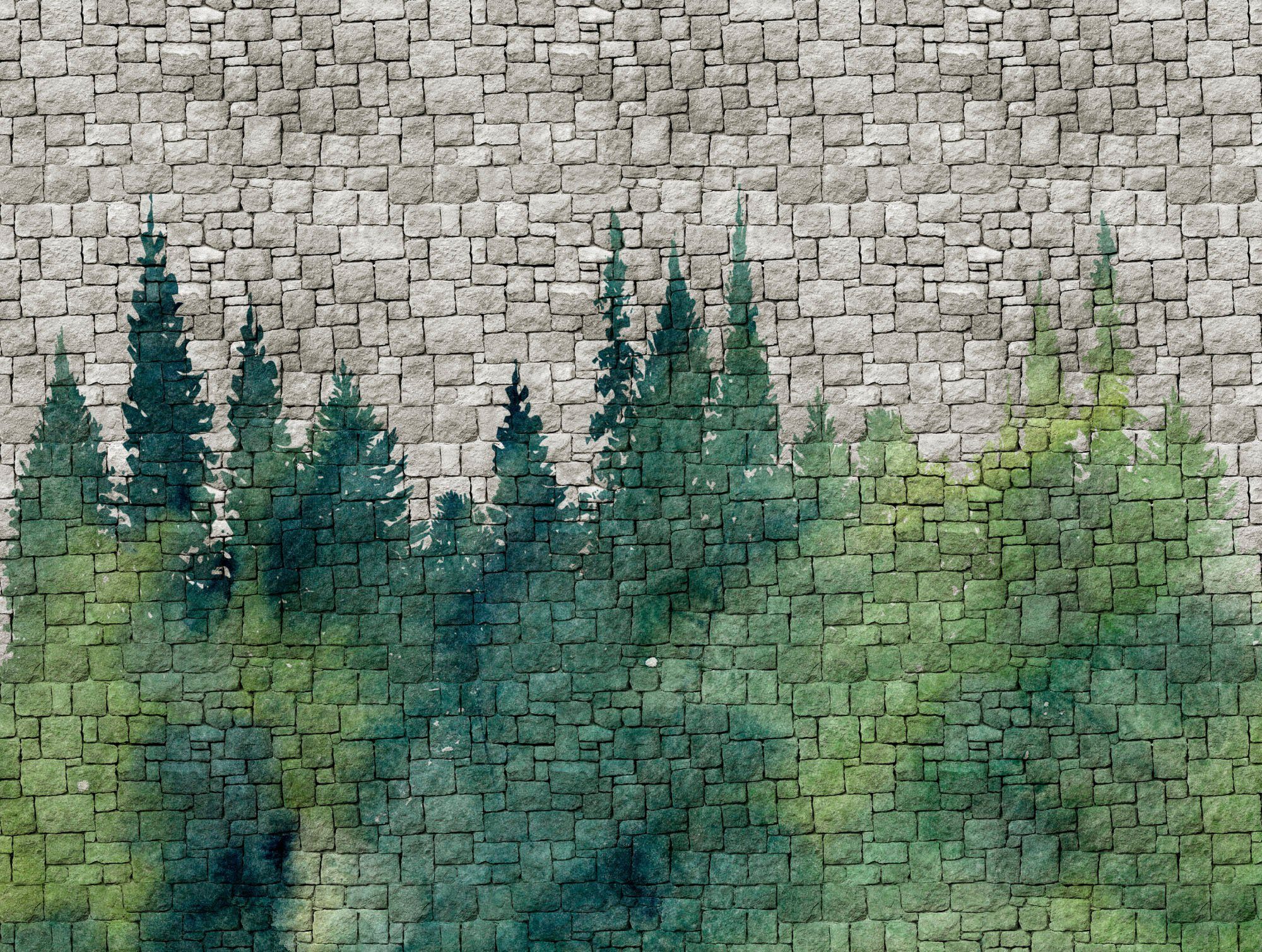living walls Fototapete The Wall, glatt, Motiv, Steinoptik, Wald, Fototapete Wald Tapete Steinoptik Grün Grau