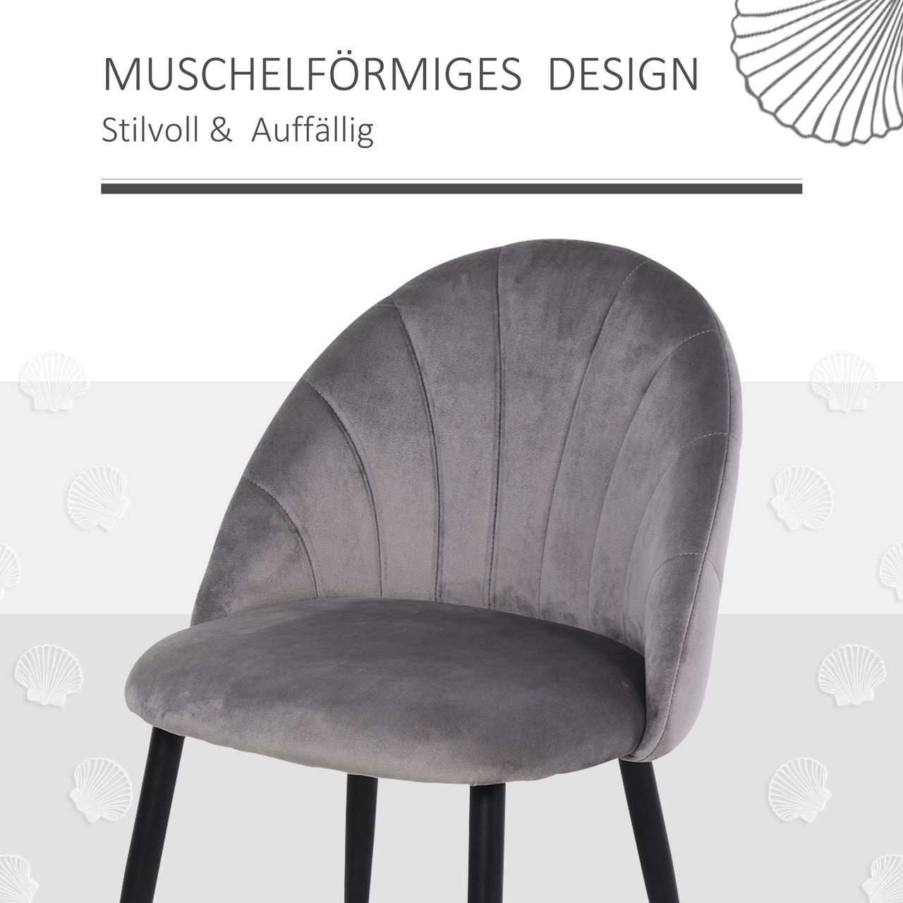 HOMCOM Esszimmerstühle 2er Set Küchenstuhl Wohnzimmerstuhl Polsterstuhl Bürostuhl mit Rückenlehne Skandi-Design Samt Metall Grau 52 x 54 x 79 cm
